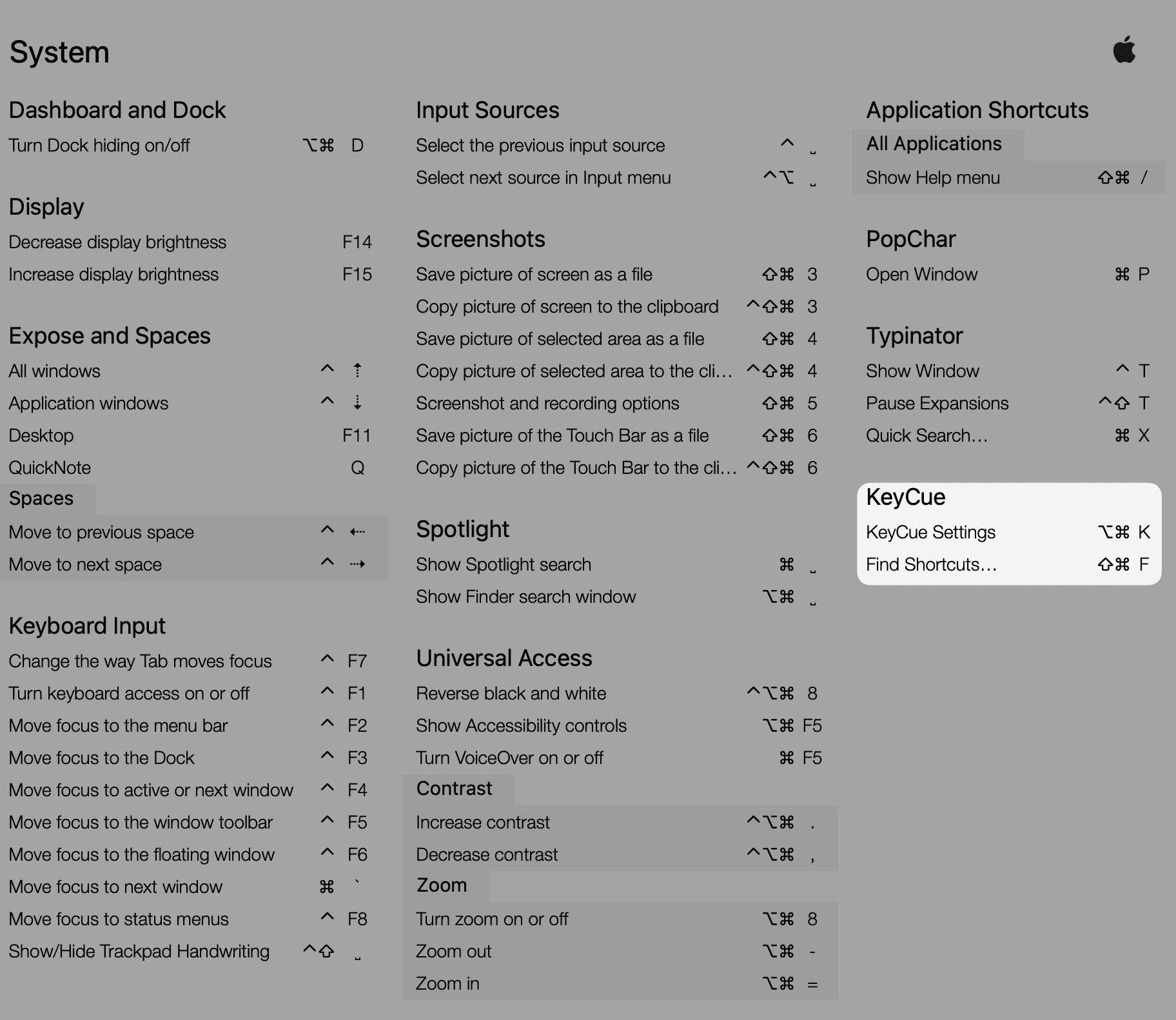 KeyCue window on macOS displaying system-wide keyboard shortcuts with the KeyCue section highlighted, showing the commands for opening KeyCue Settings (⌥⌘K) and finding shortcuts (⇧⌘F).
