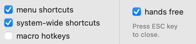 Screenshot of the KeyCue settings panel on macOS showing activation options for “menu shortcuts,” “system-wide shortcuts,” and “macro hotkeys,” with the “hands free” mode enabled. This section of KeyCue preferences allows users to customize which keyboard shortcuts are displayed and how the KeyCue window behaves.