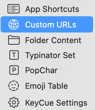 KeyCue menu on macOS showing shortcut options including App Shortcuts, Custom URLs, Folder Content, Typinator Set, PopChar, Emoji Table, and KeyCue Settings.