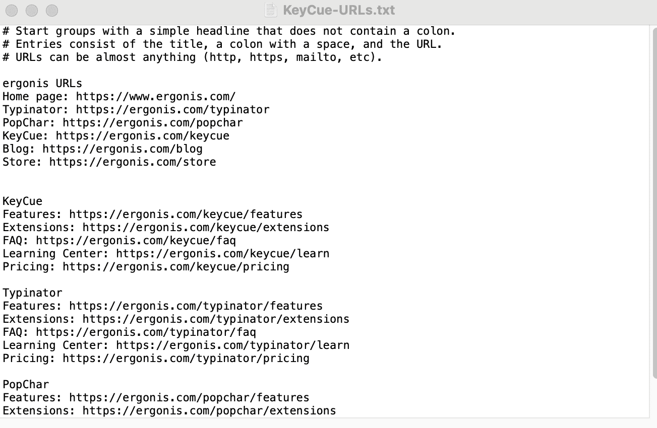 Text file named “KeyCue-URLs.txt” on macOS showing grouped Ergonis URLs for KeyCue, Typinator, and PopChar with links to features, extensions, FAQs, learning center, and pricing pages.