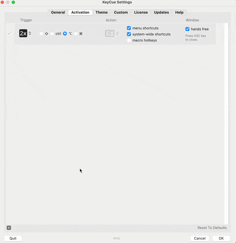 KeyCue Settings window on macOS showing the Activation tab where users can configure trigger keys, shortcut actions, and options such as menu shortcuts, system-wide shortcuts, macro hotkeys, and hands-free mode.