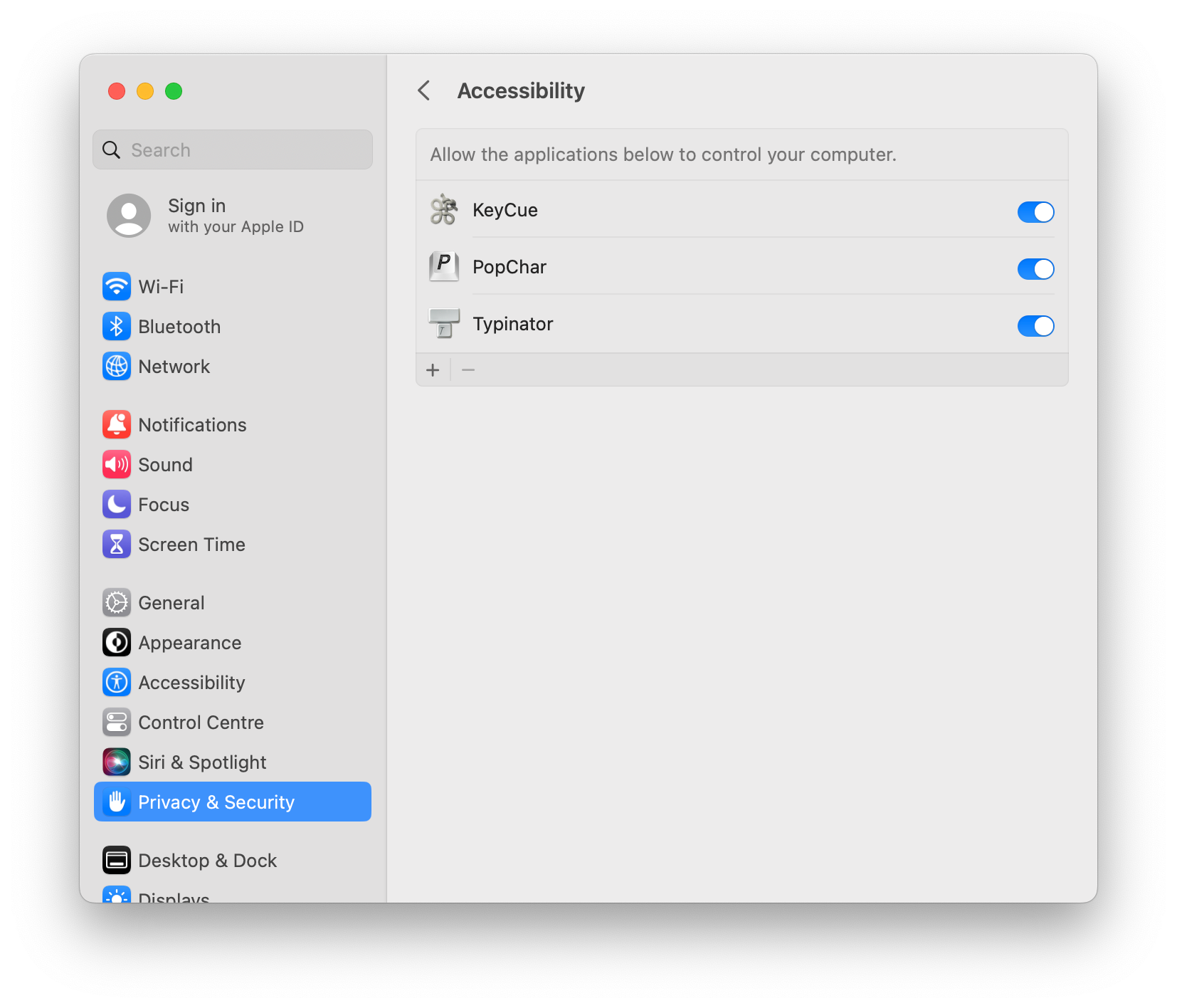macOS Privacy & Security settings showing KeyCue enabled under Accessibility permissions, along with PopChar and Typinator, allowing the applications to control the computer.