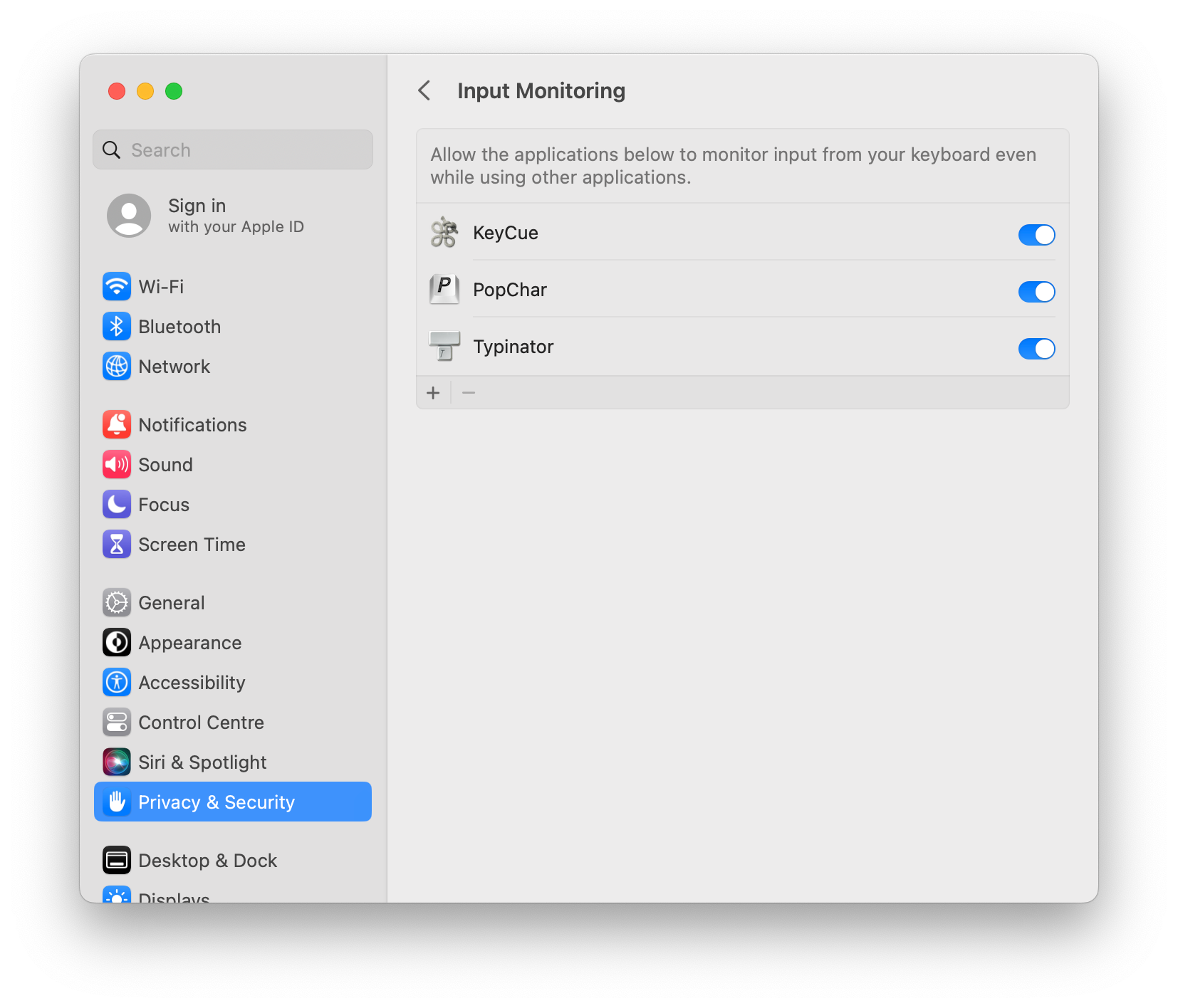 macOS Privacy & Security settings showing Input Monitoring permissions with KeyCue, PopChar, and Typinator enabled to allow keyboard input monitoring.